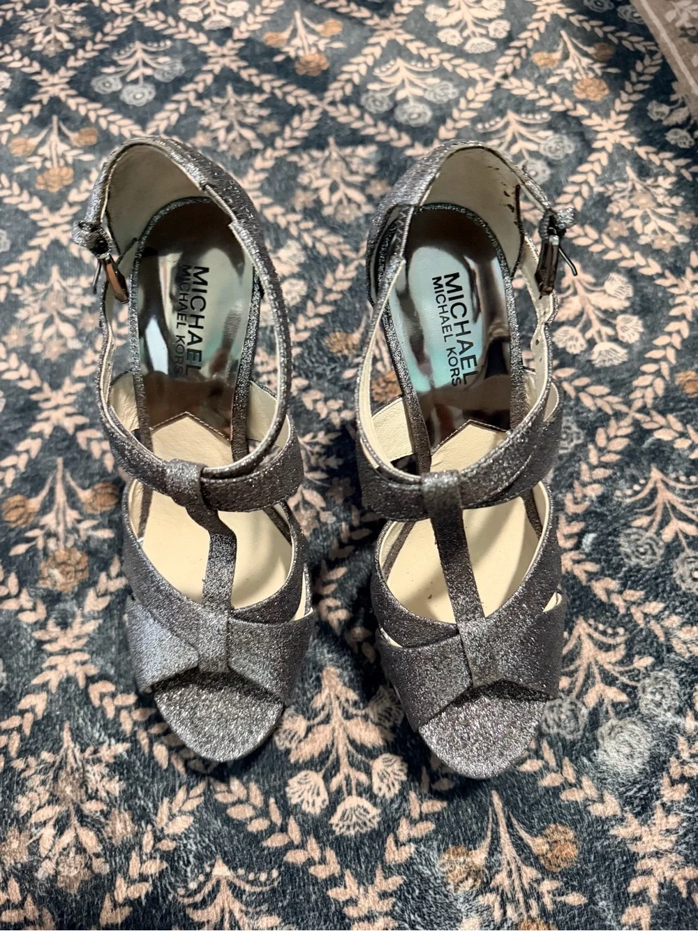Michael Kors Silver Glitter Platform Strappy Heels